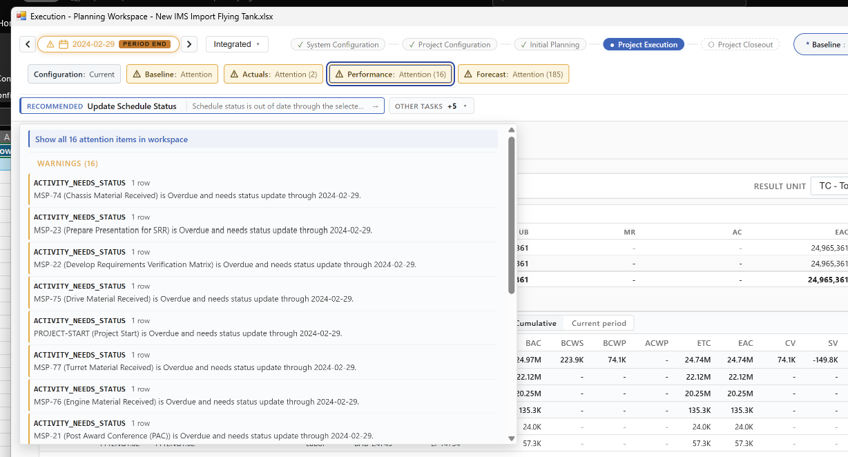 Project Execution view showing attention items for overdue schedule activities under the Update Schedule Status task
