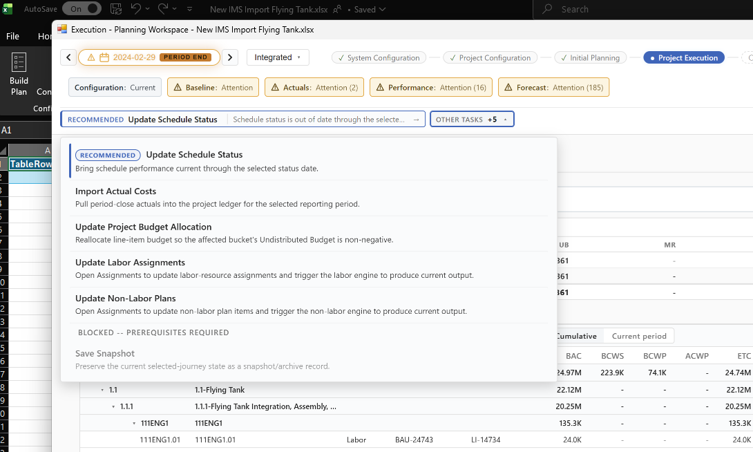 Project Execution view with Region A showing Update Schedule Status as the recommended task and a list of other available tasks