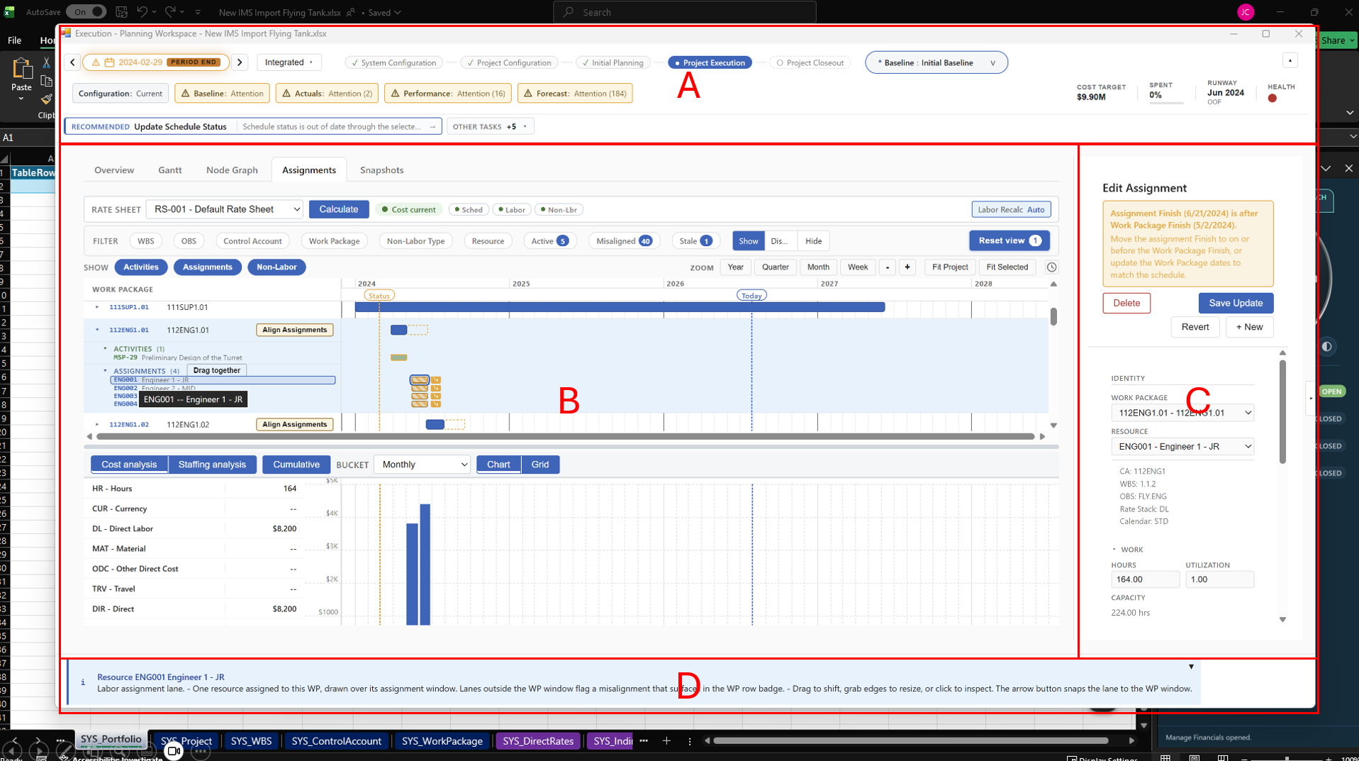 Assignments workspace with the Journey System regions highlighted: Region A guidance at the top, Region B main workspace, Region C detail editor, and Region D feedback panel