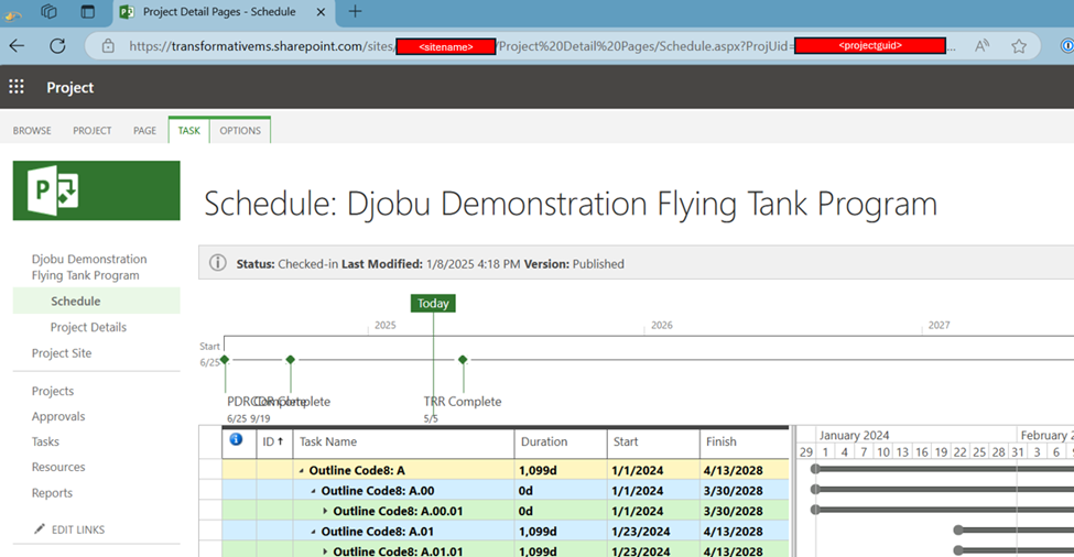 Project Online schedule page open in a browser, showing the project task list in Project Web App