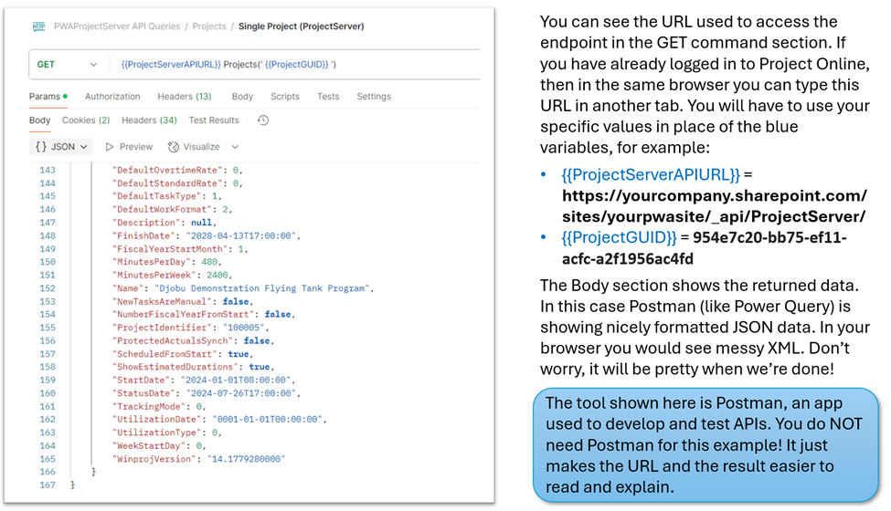 Browser showing JSON result structure returned by the ProjectServer REST API for a project GET request