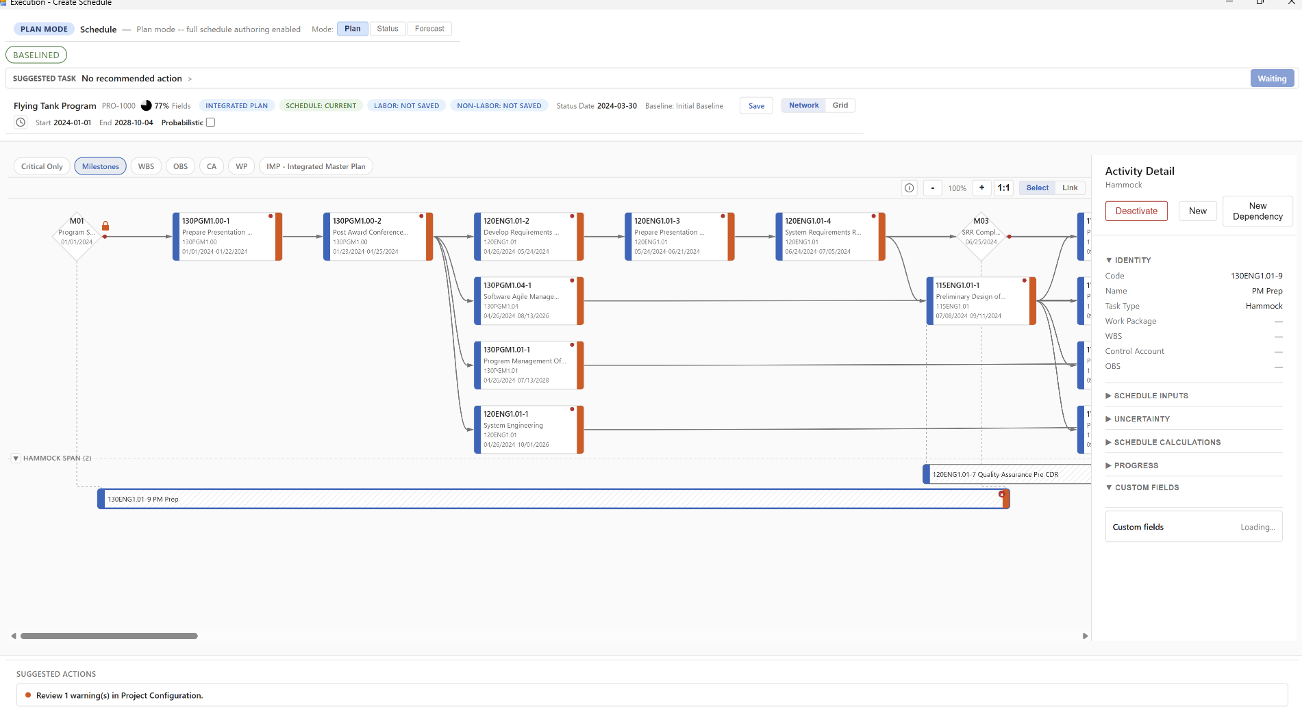 Shows the selected hammock task '130ENG1.01-9 PM Prep' in the HAMMOCK SPAN row, with its Activity Detail panel open on the right showing Task Type: Hammock